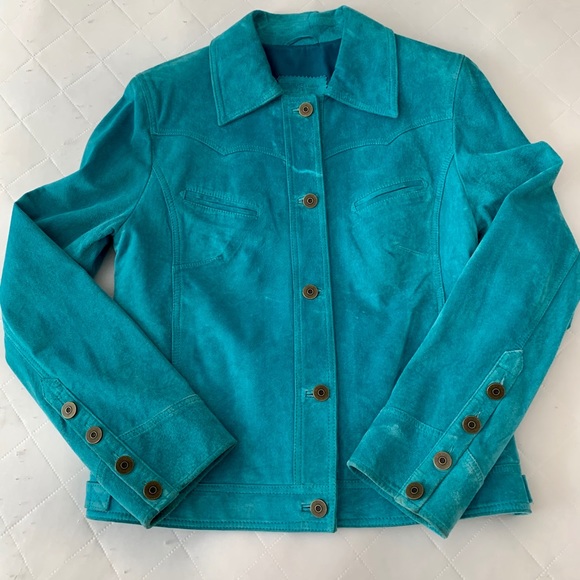 Leather Suede Jacket Turquoise Size GB 14 Medium - Picture 5 of 8